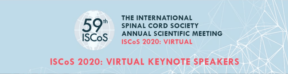 Banner para la 59ª Reunión Científica Anual 2020 de la Sociedad Internacional de Médula Espinal, anunciando que el evento y los ponentes principales son virtuales.