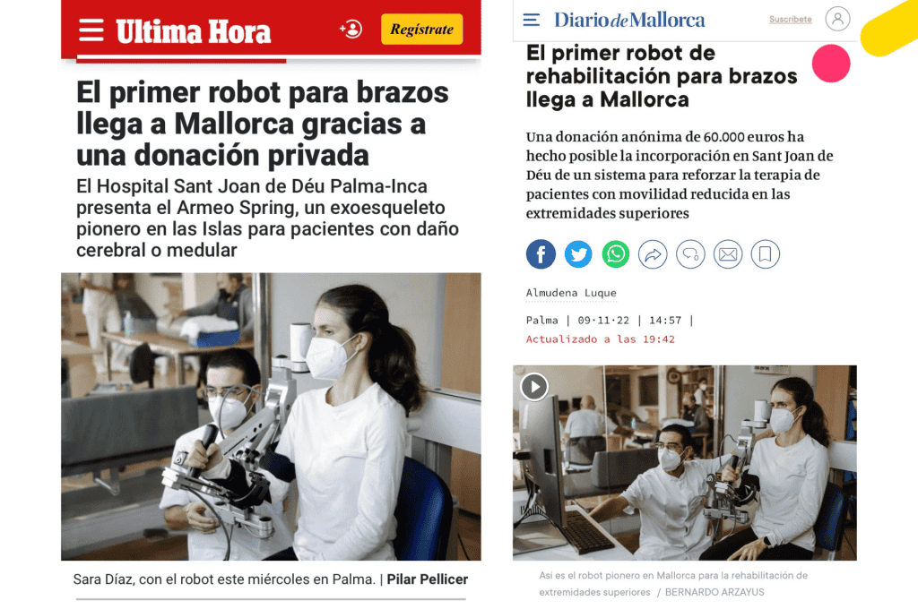 Dos profesionales sanitarios manejan un dispositivo robótico de rehabilitación en un entorno clínico, ayudando a un paciente sentado a mover los brazos con la máquina.