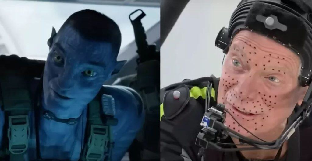 Imagen dividida que muestra un personaje alienígena azul CGI a la izquierda y un actor con equipo de captura de movimiento con marcadores faciales a la derecha.